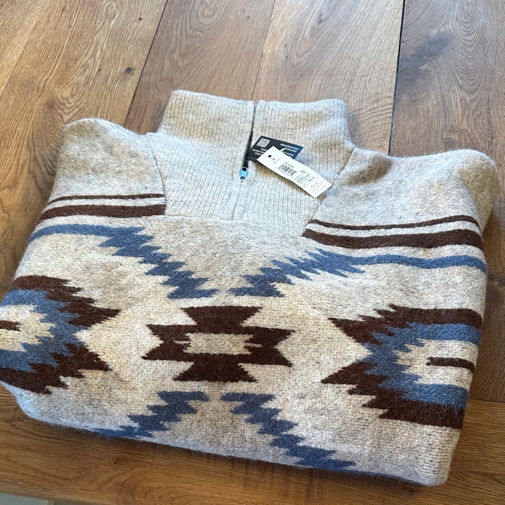 Ariat Cream Zip-Up Sweater with Brown and Blue Southwestern Pattern